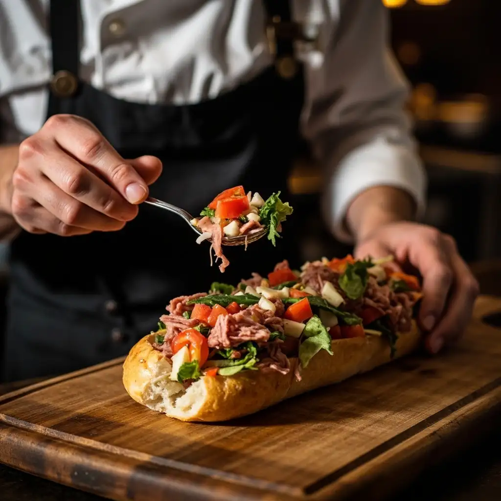 The Best Chopped Italian Sandwich Recipe for Quick & Flavorful Lunches 8 Assembling chopped Italian sandwich recipe on ciabatta bread
