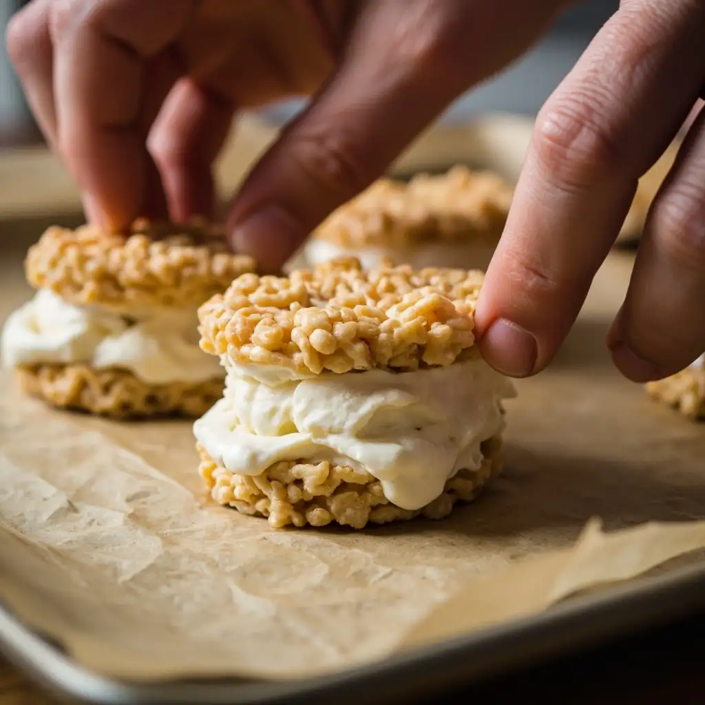 Rice Crispy Ice Cream Sandwiches – The Best No-Bake Summer Treat for 2025 9 Assembling rice crispy ice cream sandwiches step-by-step