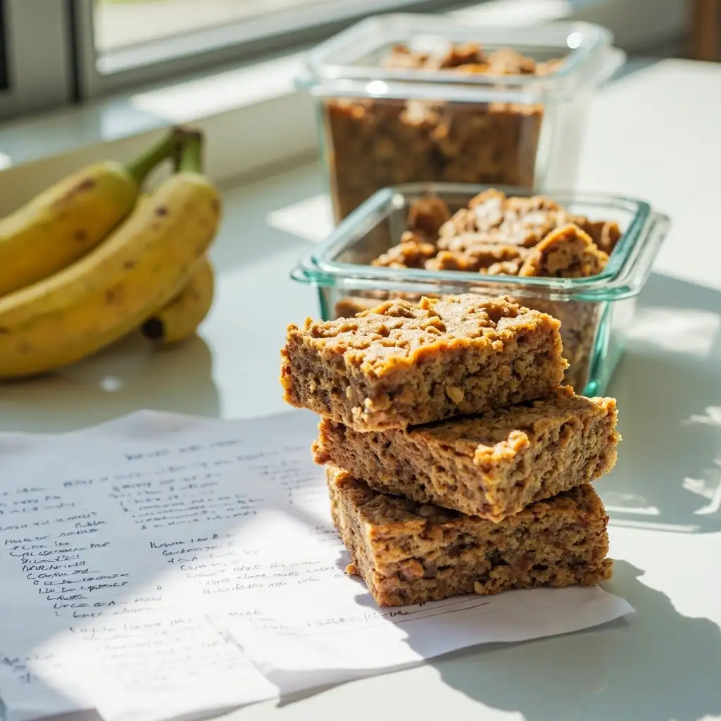 High-Protein Peanut Butter Banana Oatmeal Bars (Easy + Healthy Recipe) 9 Sliced high-protein peanut butter banana oatmeal bars for meal prep