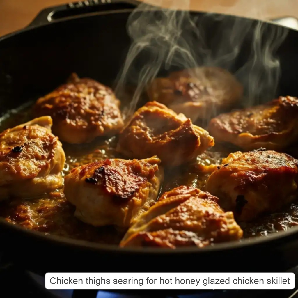 Hot Honey Glazed Chicken Skillet – A Sweet & Spicy One-Pan Delight 13 Chicken thighs searing for hot honey glazed chicken skillet